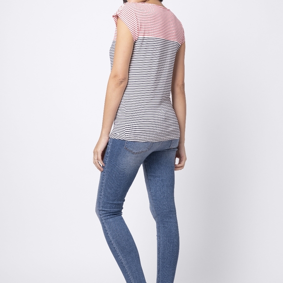 Maternity to Nursing Seraphine Top Blue and Red Striped Short Sleeve - Picture 2 of 4